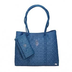 NEW LOLA'S BAG women's travel woven tote bag with clutch in denim blue